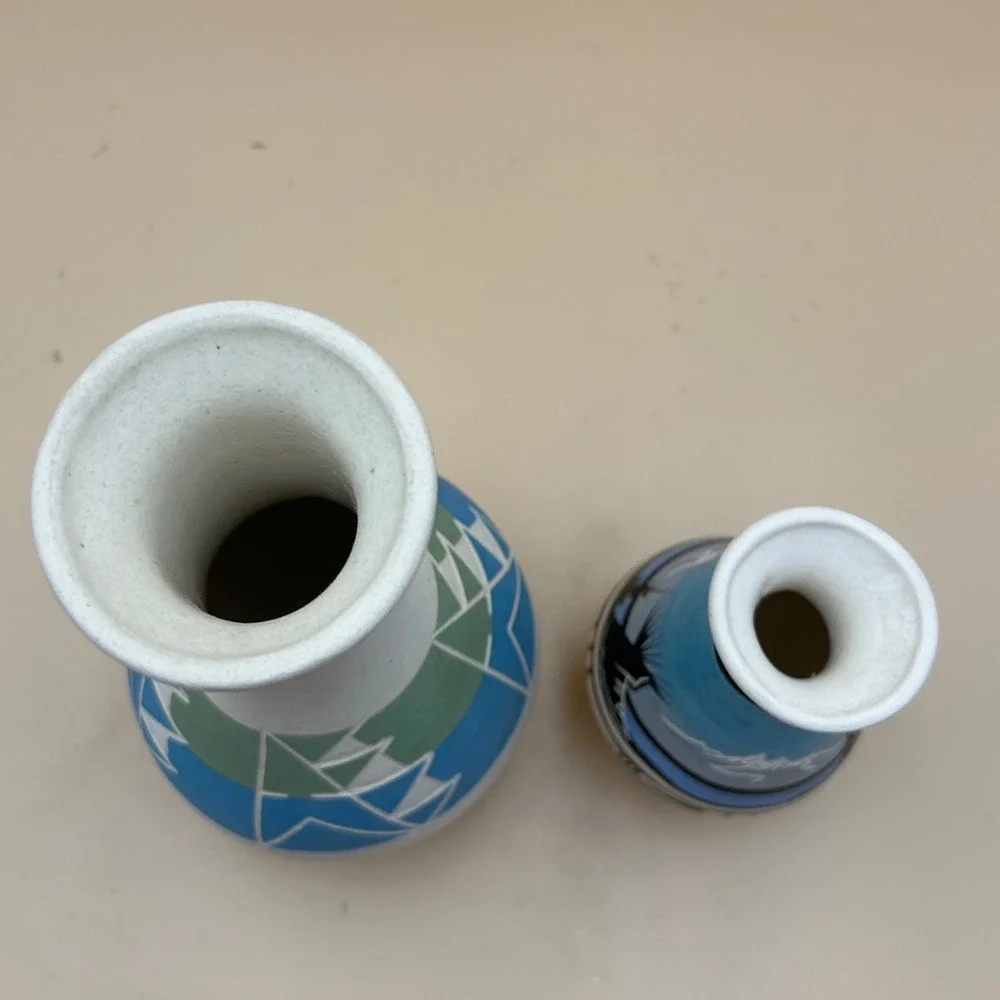 Native American Style Hand Etched Pottery Vases Set of 2 Southwestern Decor